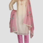 Elegant cream and pink traditional salwar outfit with embroidered neckline, matching floral embroidered pink dupatta, and pink straight pant