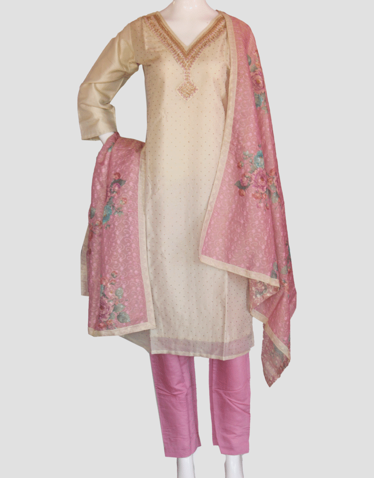 Elegant cream and pink traditional salwar outfit with embroidered neckline, matching floral embroidered pink dupatta, and pink straight pant