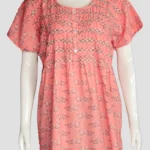 Women's pink printed nighty with round neck, button placket, and short sleeves