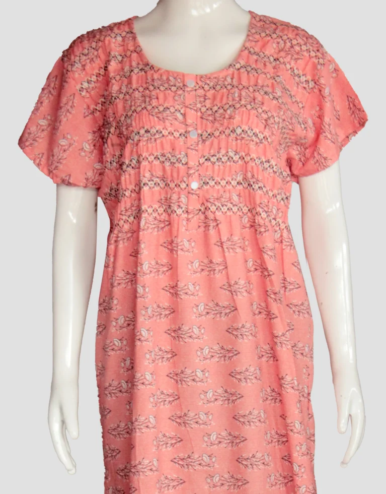 Women's pink printed nighty with round neck, button placket, and short sleeves